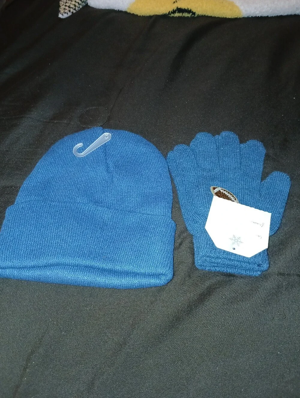 NWT Kids Blue Knit Beanie and Glove Set with Football Patch